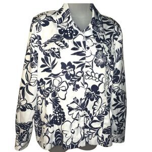 Alfred Dunner Blazer/Jacket Blue Floral Long Sleeve Polyester Navy and White